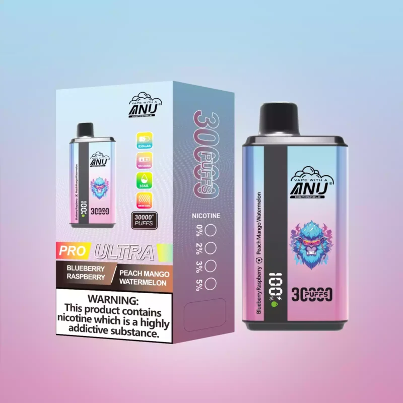 ANU 30000 Züge Doppelter Geschmack Einweg E-Zigarette wiederaufladbar 0 % 2 % 3 % 5 % Nikotingehalt Lieferung in 5 bis 7 Tagen Bestseller 2025 — Blaubeere Himbeere & Pfirsich Mango Wassermelone Flavours 1