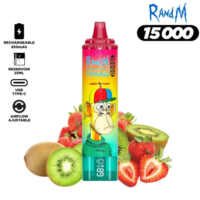 Günstigste RandM Tornado 15000 Züge Einweg E-Zigarette 10 Stück in einer Displaybox mit RGB-Design — Erdbeere Kiwi (1)